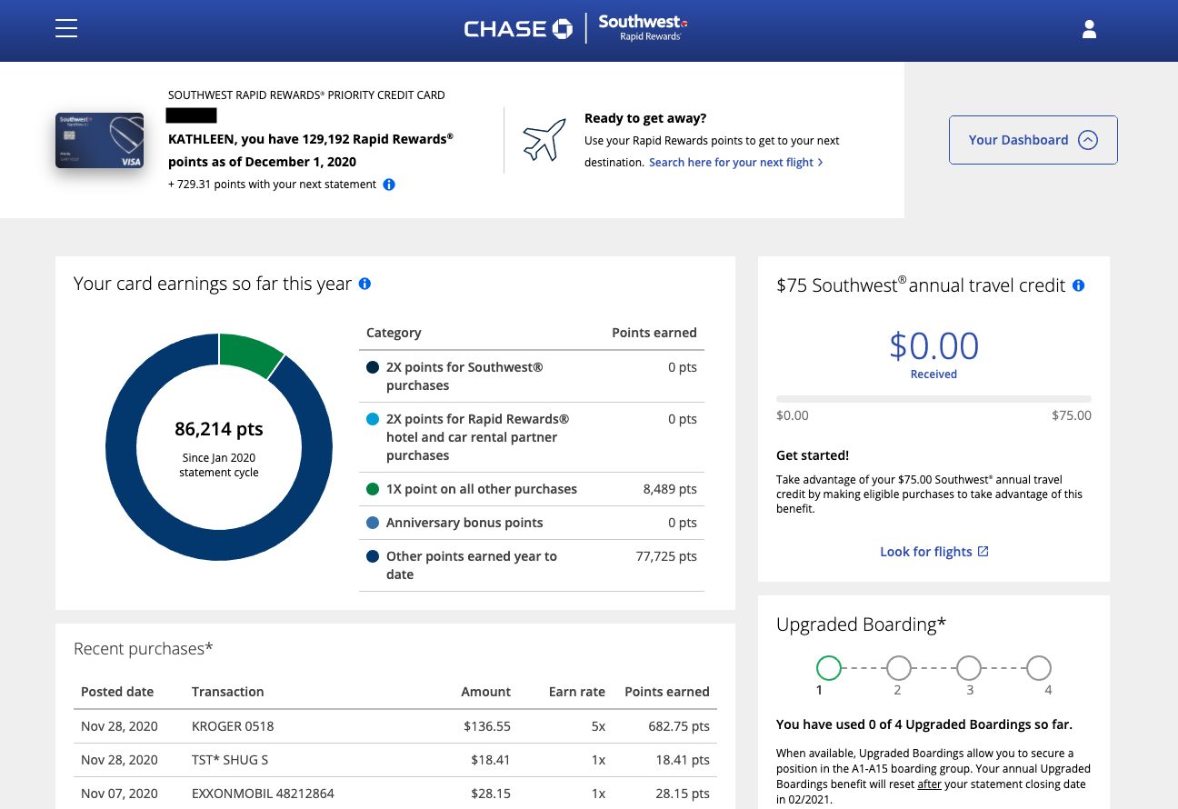   This dashboard helps you track which benefits you’ve already used –&nbsp;as you can see, I’ve barely flown this year and have yet to use my $75 travel credit and 4 Upgraded Boardings. Ignore the $18 purchase at a bagel shop called Shug’s; I was weak and they were delicious.  