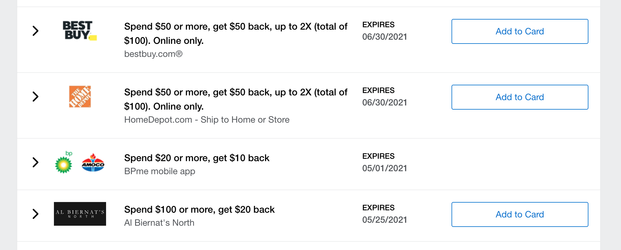   This is a great example of how they work, and I should really be better about checking back to see new ones –&nbsp;in this case, you’ll see you can get essentially $100 back at Best Buy and Home Depot through June, $10 off $20 of gas at BP, etc.   